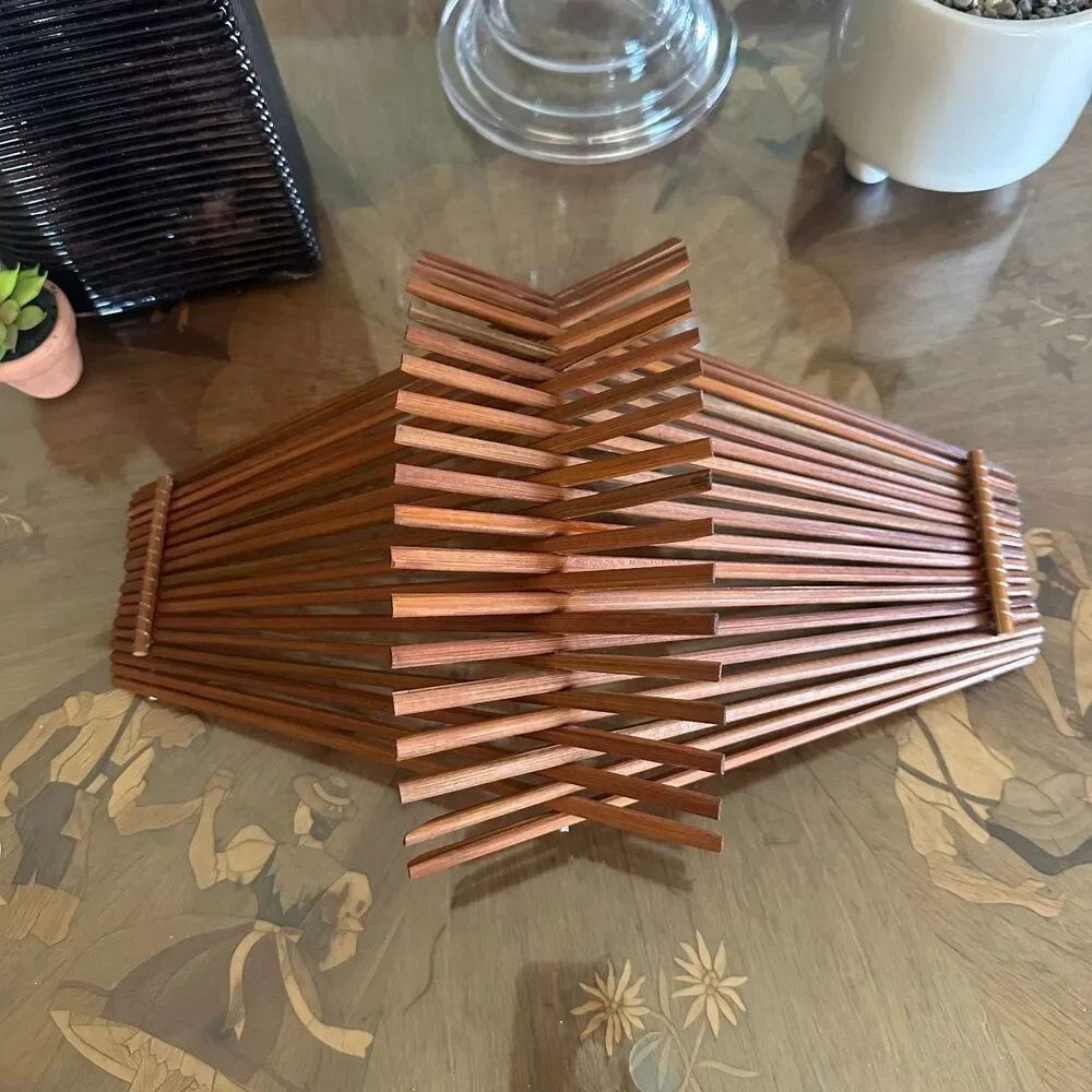 Vintage Danish Wooden Folding Fruit Basket, MCM Scandinavian Kitchen Decor